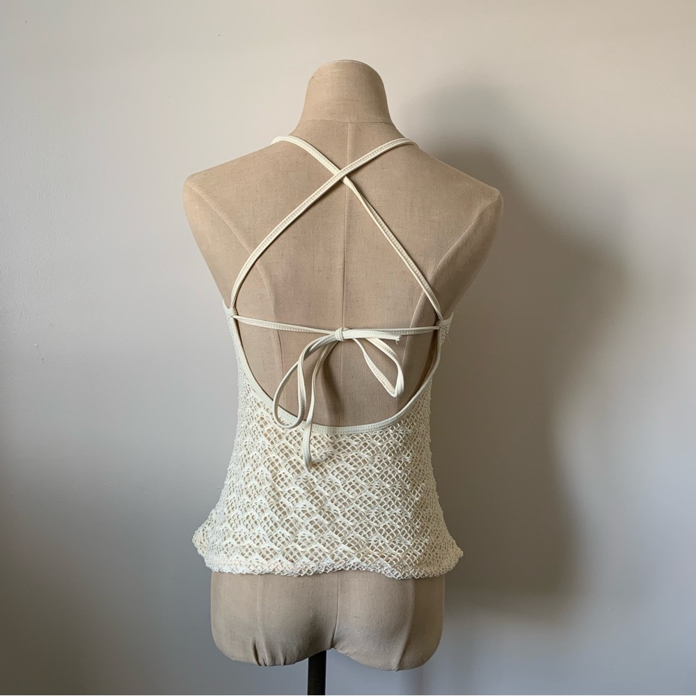 Y2K Light Yellow Athena Crochet Halter Crop Top - Picture 3 of 4